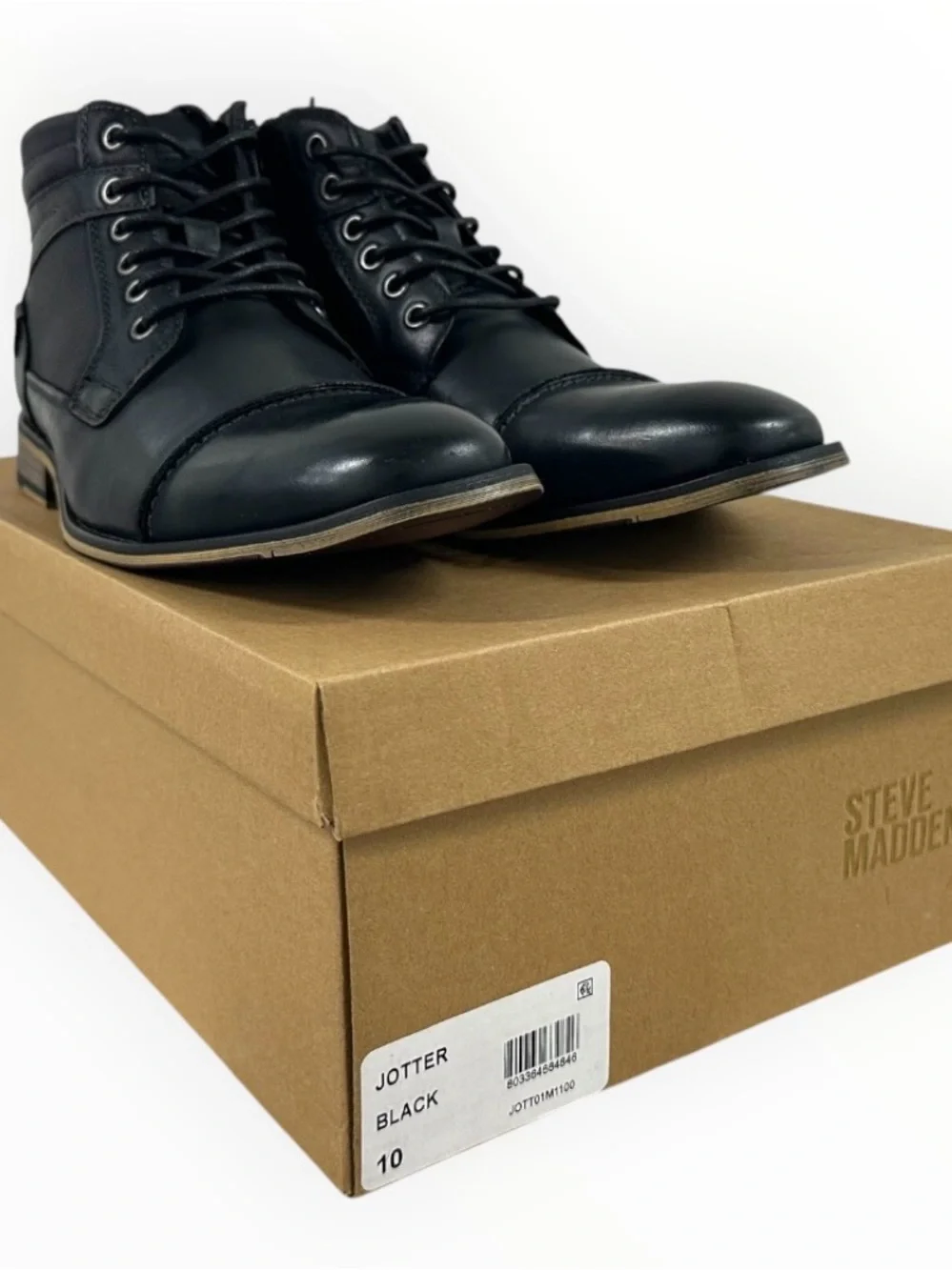 Steve Madden Jotter Men’s Black Leather Cap Toe Ankle Boots Size 10 New Box
